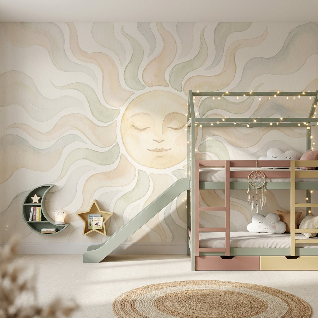 Gülen Güneş Poster Duvar Kağıdı Pastel Dalgalı Çocuk Odası