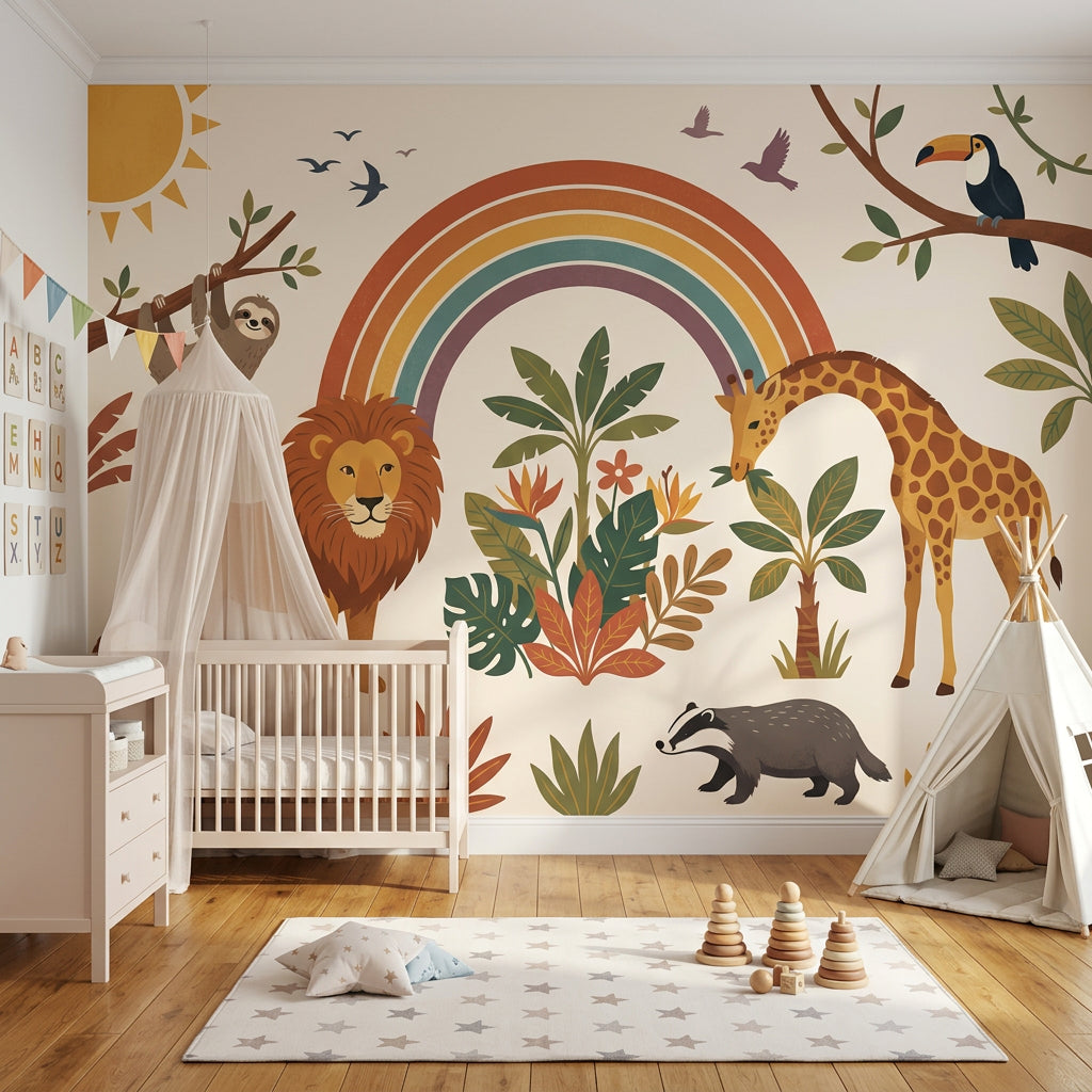 Safari Hayvanlı Poster Duvar Kağıdı Gökkuşağı Desenli Bebek Odası