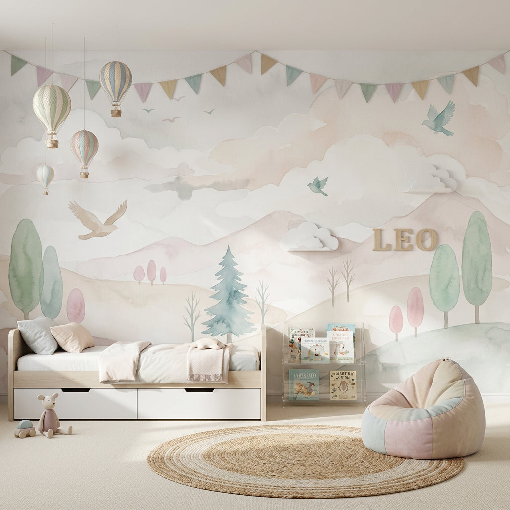 Pastel Balonlu Bulutlu Poster Duvar Kağıdı Çocuk Odası