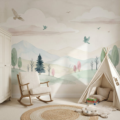 Pastel Dağ ve Kuşlu Poster Duvar Kağıdı Çocuk Odası
