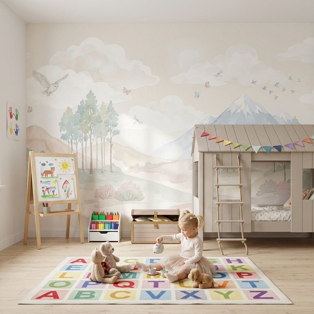 Pastel Dağ Manzaralı Poster Duvar Kağıdı Çocuk Odası Bulutlu
