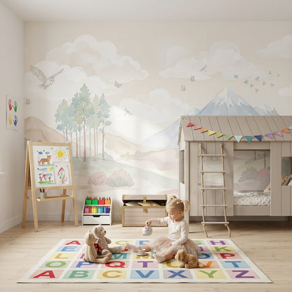 Pastel Dağ Manzaralı Poster Duvar Kağıdı Çocuk Odası Bulutlu
