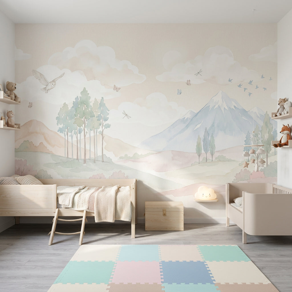 Pastel Dağ Manzaralı Poster Duvar Kağıdı Çocuk Odası Bulutlu
