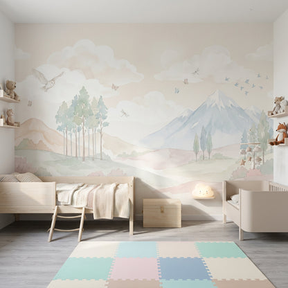 Pastel Dağ Manzaralı Poster Duvar Kağıdı Çocuk Odası Bulutlu