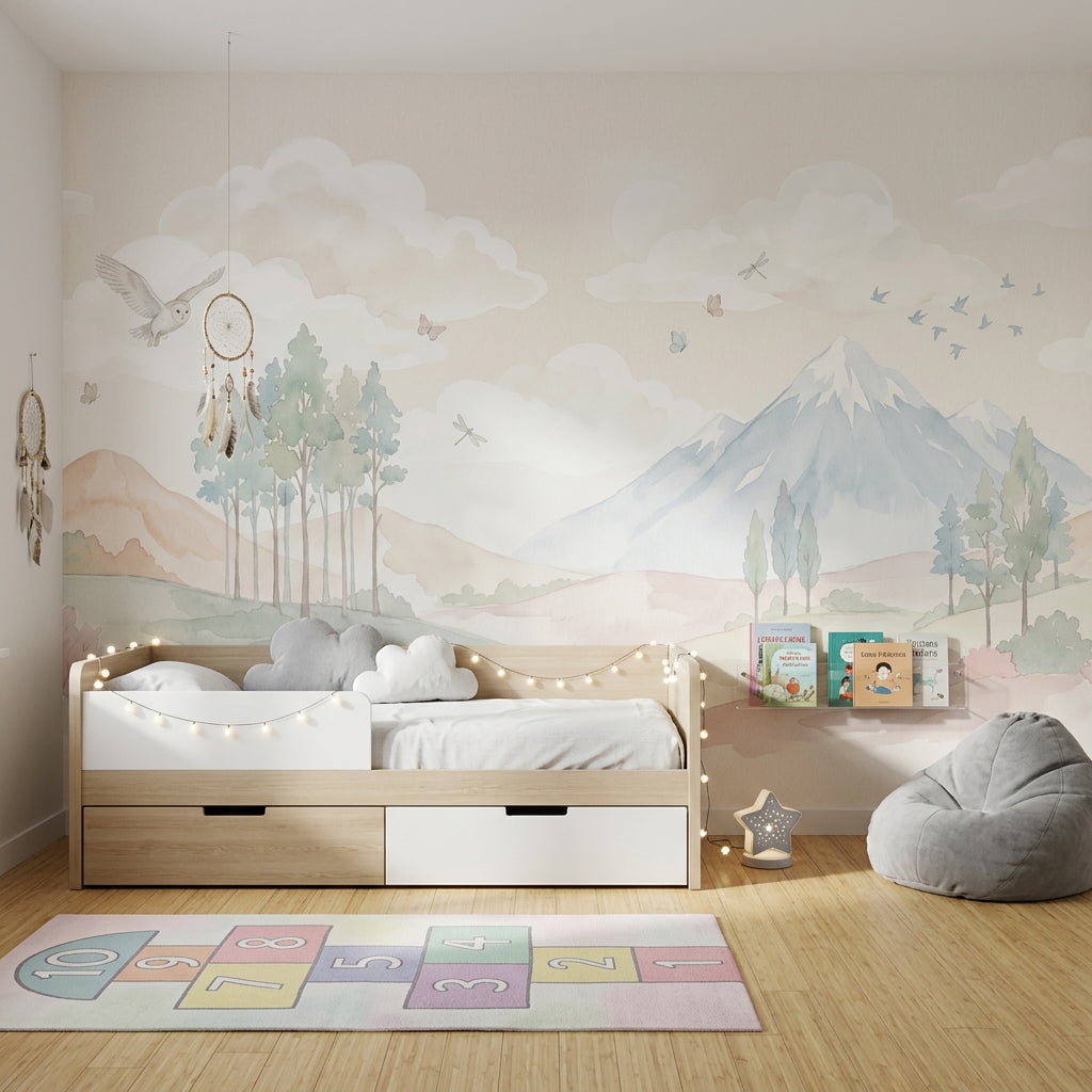Pastel Dağ Manzaralı Poster Duvar Kağıdı Çocuk Odası Bulutlu