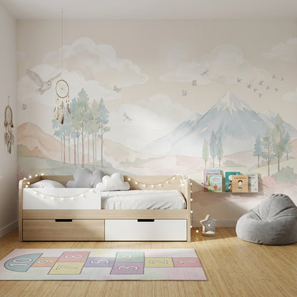 Pastel Dağ Manzaralı Poster Duvar Kağıdı Çocuk Odası Bulutlu
