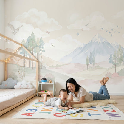 Pastel Dağ Manzaralı Poster Duvar Kağıdı Çocuk Odası Bulutlu