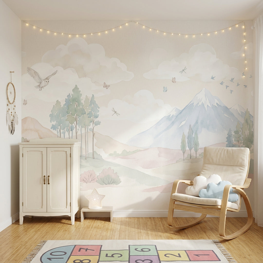 Pastel Dağ Manzaralı Poster Duvar Kağıdı Çocuk Odası Bulutlu