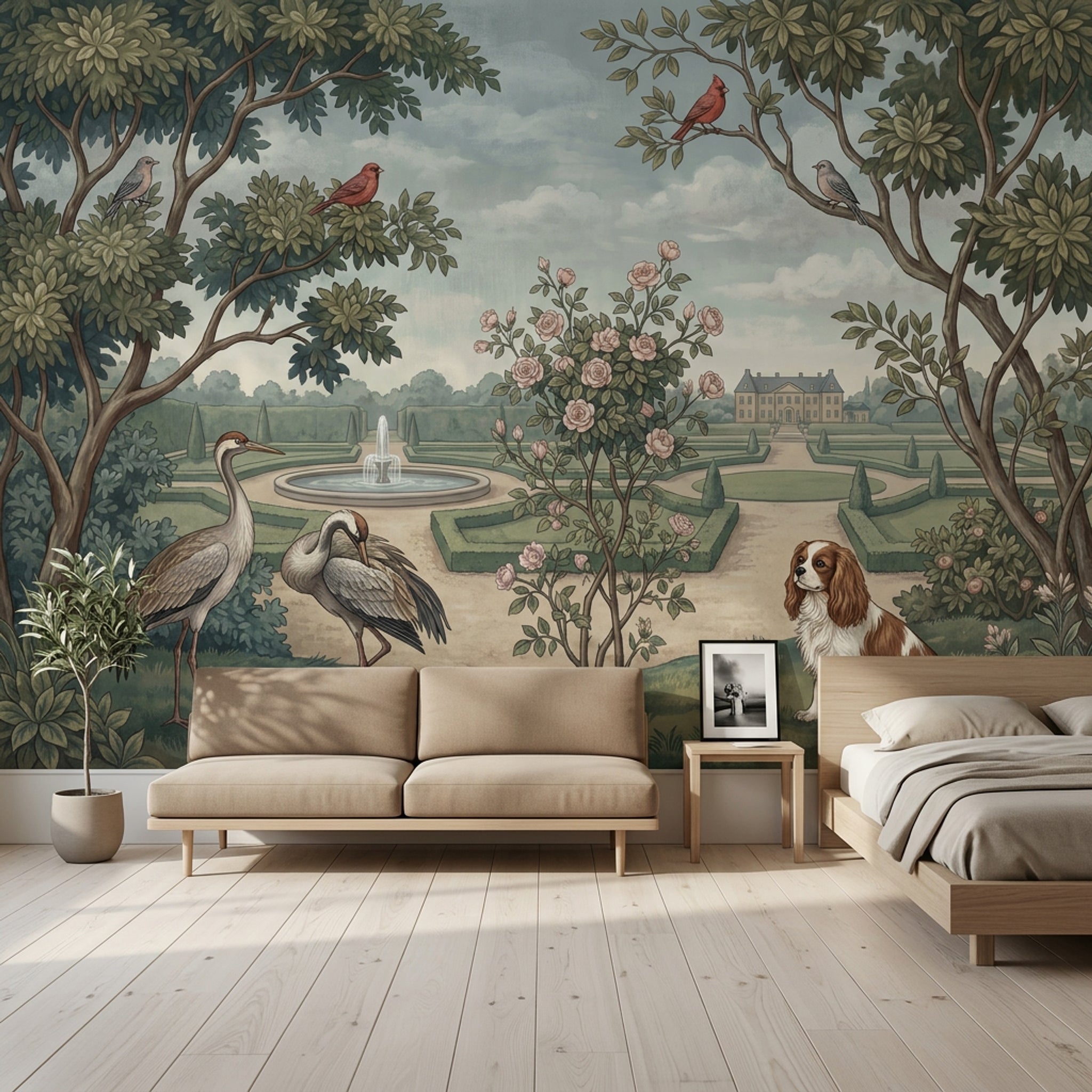Kuşlu Bahçe Manzaralı Poster Duvar Kağıdı Yeşil Klasik Salon