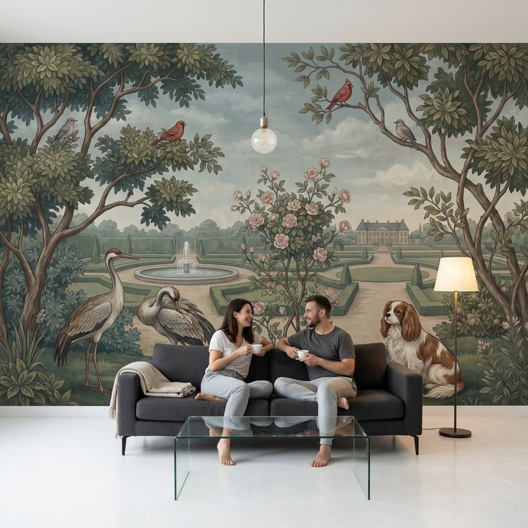 Kuşlu Bahçe Manzaralı Poster Duvar Kağıdı Yeşil Klasik Salon