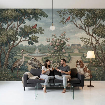 Kuşlu Bahçe Manzaralı Poster Duvar Kağıdı Yeşil Klasik Salon