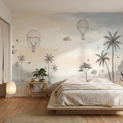 Uçan Balonlu Poster Duvar Kağıdı Pastel Gökyüzü Çocuk Odası