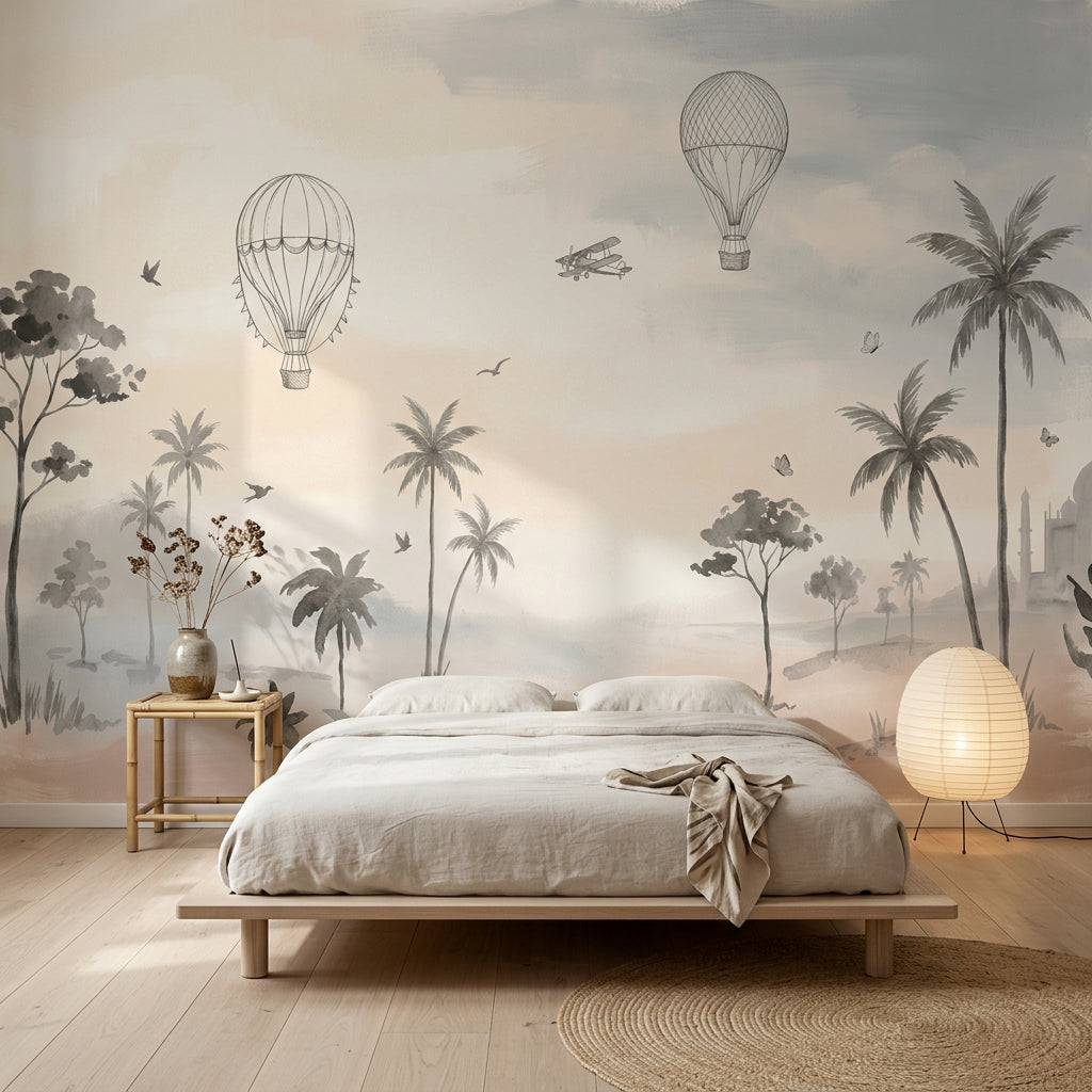 Uçan Balonlu Poster Duvar Kağıdı Pastel Gökyüzü Çocuk Odası