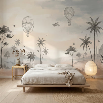 Uçan Balonlu Poster Duvar Kağıdı Pastel Gökyüzü Çocuk Odası