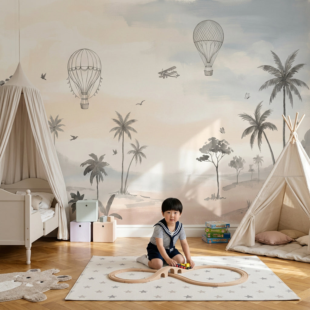 Uçan Balonlu Poster Duvar Kağıdı Pastel Gökyüzü Çocuk Odası