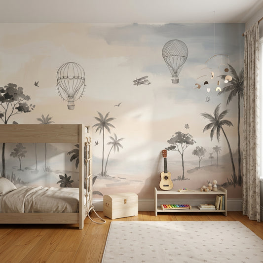 Uçan Balonlu Poster Duvar Kağıdı Pastel Gökyüzü Çocuk Odası