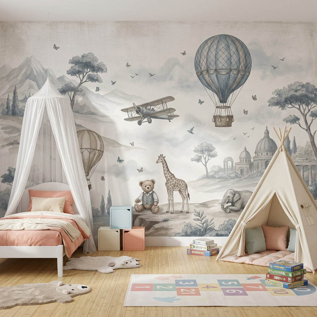 Sıcak Hava Balonlu Poster Duvar Kağıdı Çocuk Odası Gri