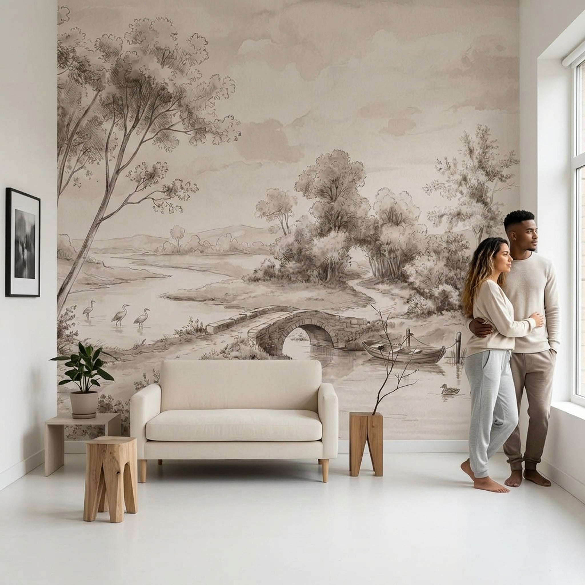 Gri Tonlu Göl ve Köprü Manzarası Poster Duvar Kağıdı