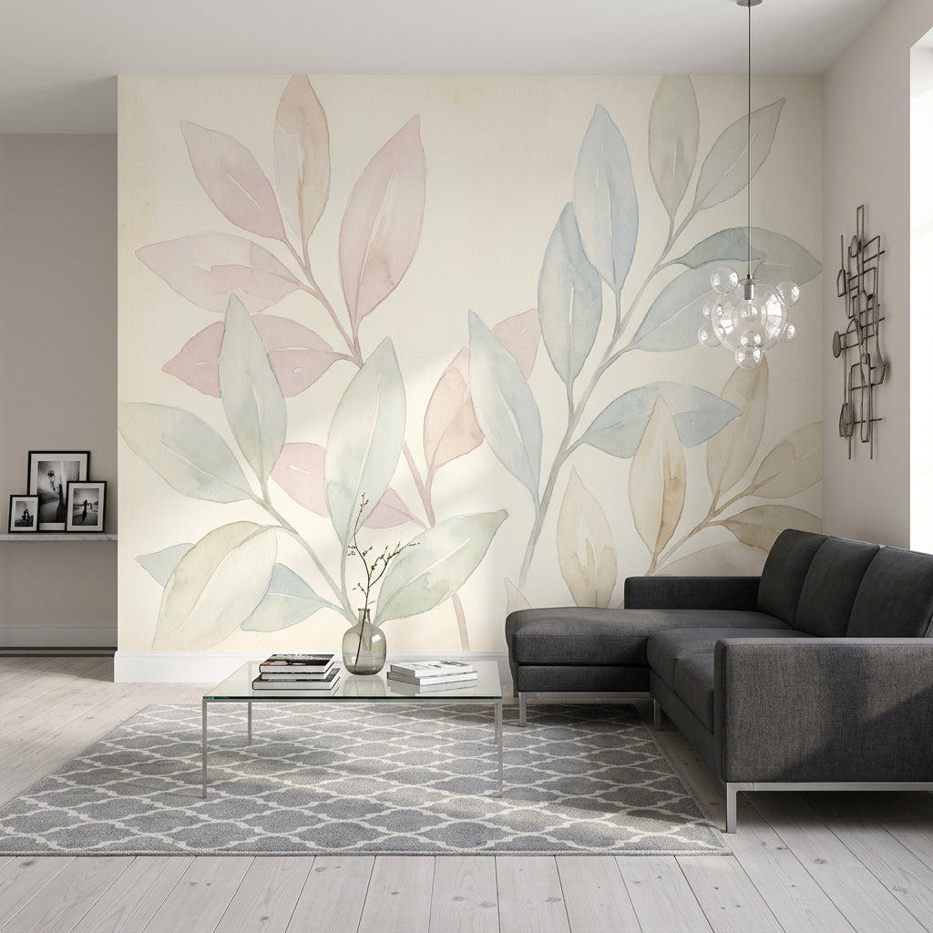 Pastel Yaprak Desenli Poster Duvar Kağıdı Modern Salon Dekoru