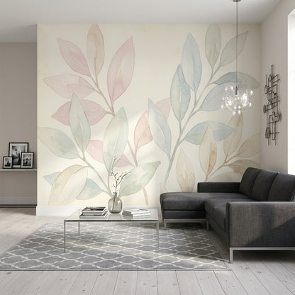 Pastel Yaprak Desenli Poster Duvar Kağıdı Modern Salon Dekoru