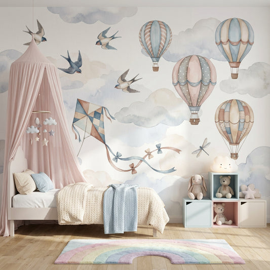 Sıcak Hava Balonlu Poster Duvar Kağıdı Pastel Çocuk Odası