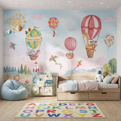 Balonlu Hayvanlı Poster Duvar Kağıdı Pastel Çocuk Odası