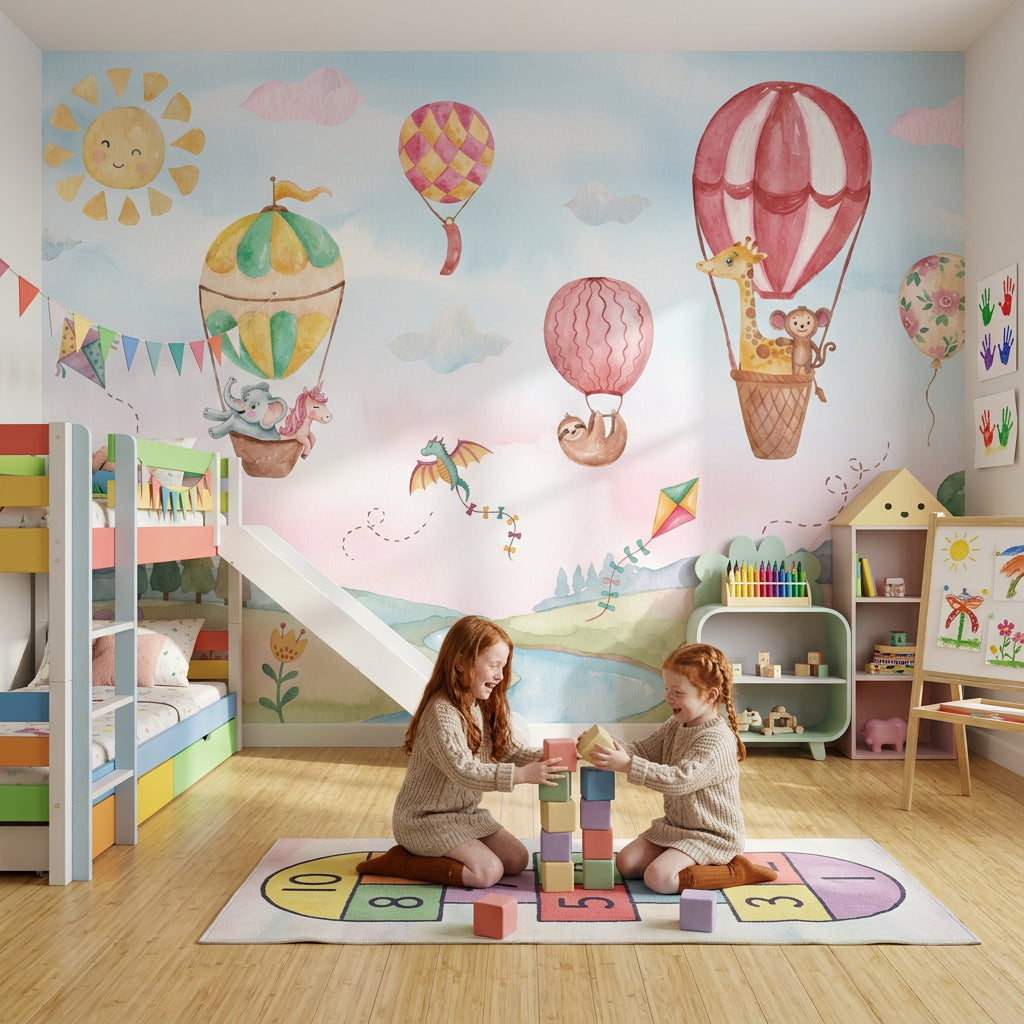 Balonlu Hayvanlı Poster Duvar Kağıdı Pastel Çocuk Odası