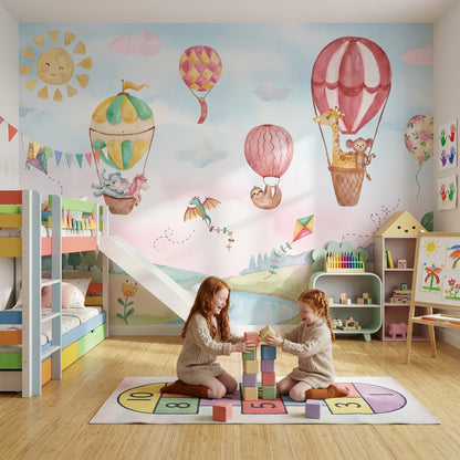 Balonlu Hayvanlı Poster Duvar Kağıdı Pastel Çocuk Odası