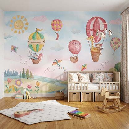 Balonlu Hayvanlı Poster Duvar Kağıdı Pastel Çocuk Odası