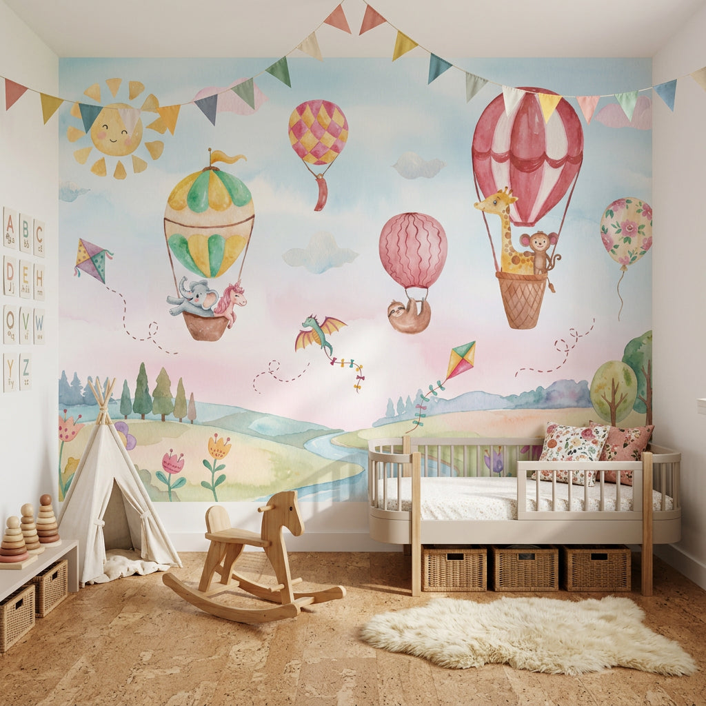 Balonlu Hayvanlı Poster Duvar Kağıdı Pastel Çocuk Odası
