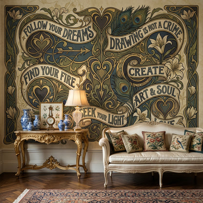 Art Nouveau Yazılı Poster Duvar Kağıdı Bej Yeşil Salon