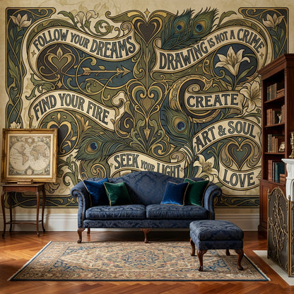 Art Nouveau Yazılı Poster Duvar Kağıdı Bej Yeşil Salon