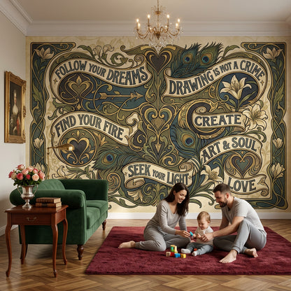 Art Nouveau Yazılı Poster Duvar Kağıdı Bej Yeşil Salon