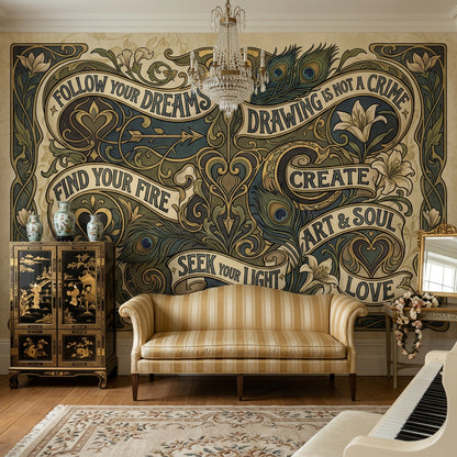 Art Nouveau Yazılı Poster Duvar Kağıdı Bej Yeşil Salon