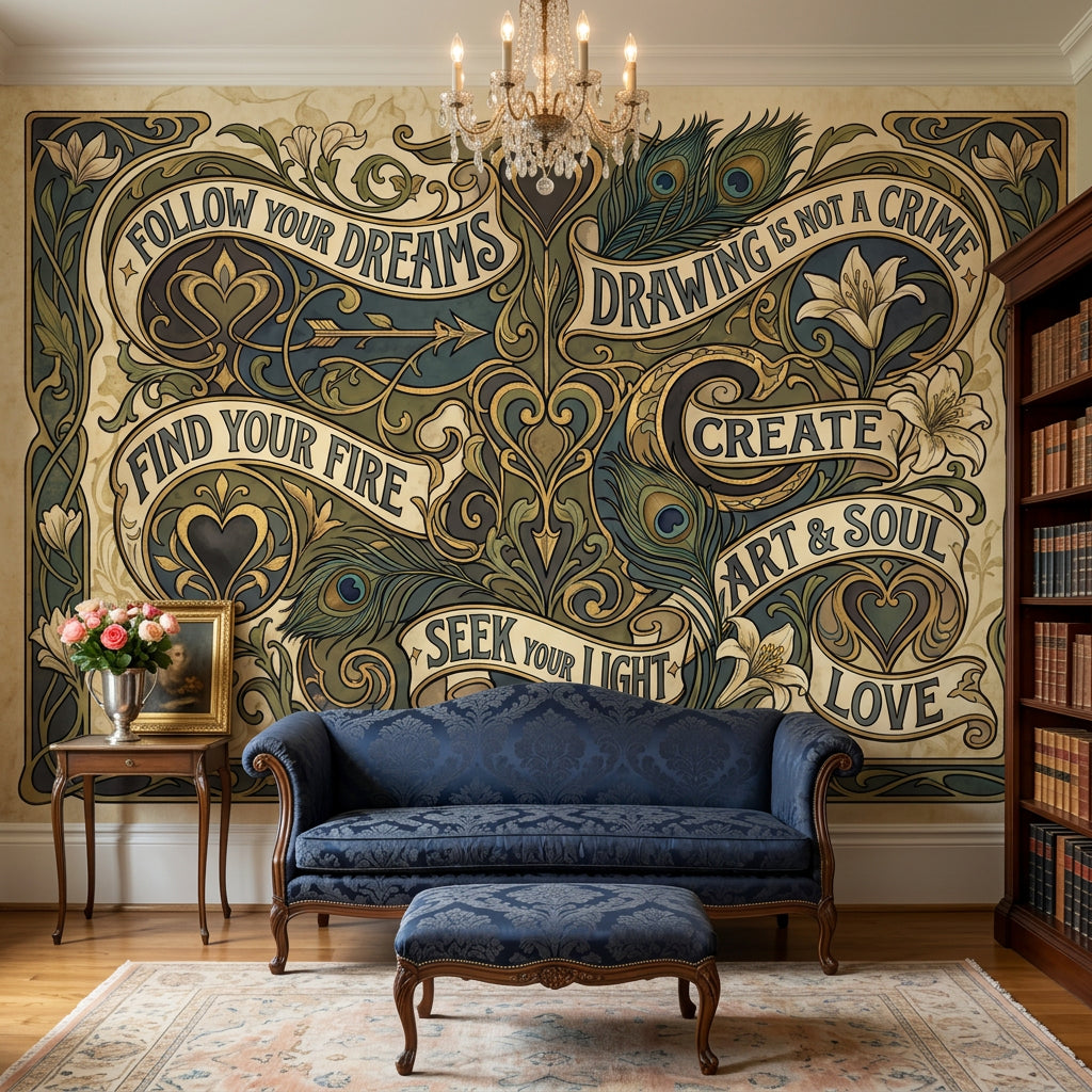 Art Nouveau Yazılı Poster Duvar Kağıdı Bej Yeşil Salon