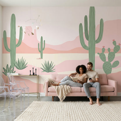 Pastel Kaktüslü Çocuk Odası Poster Duvar Kağıdı Pembe Yeşil