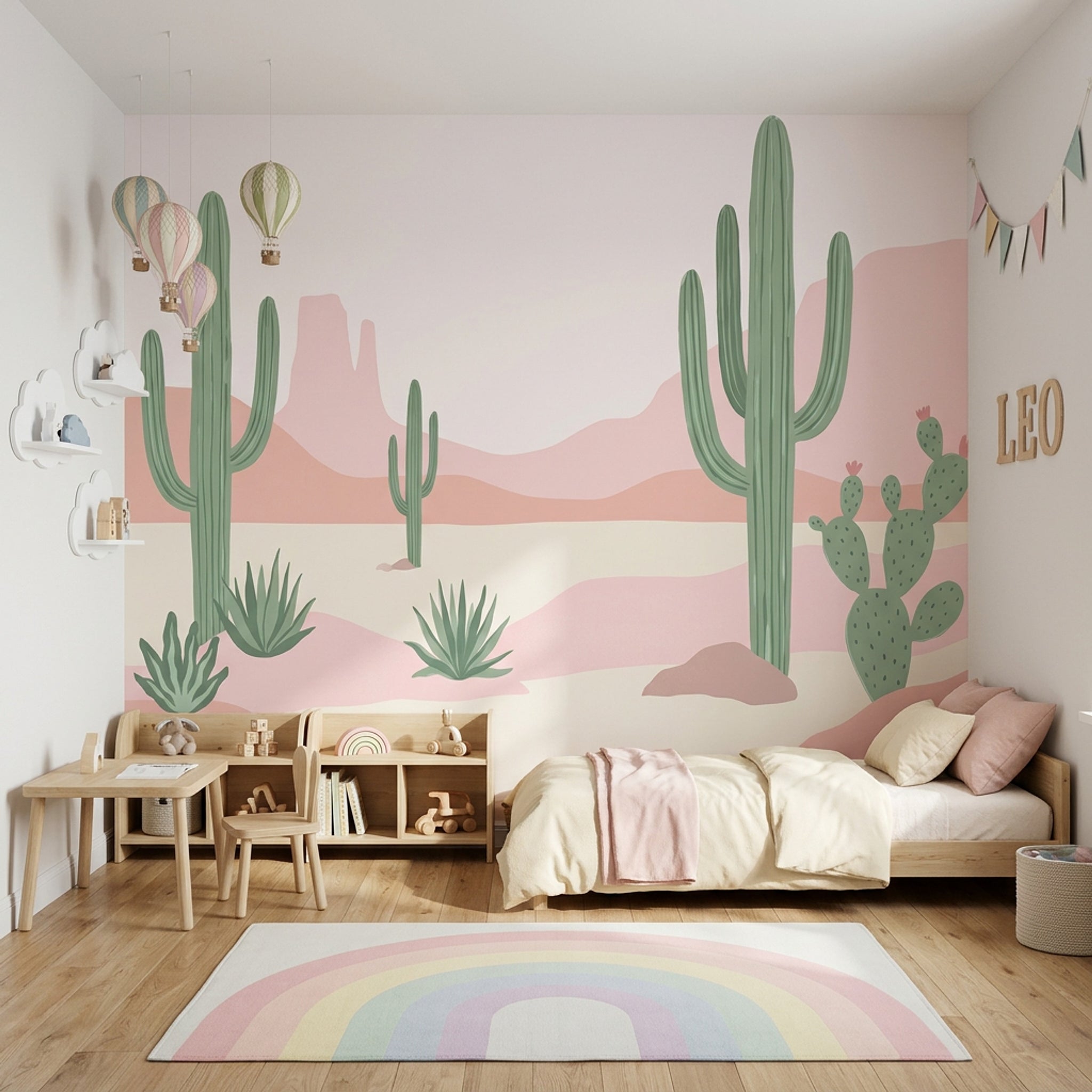 Pastel Kaktüslü Çocuk Odası Poster Duvar Kağıdı Pembe Yeşil