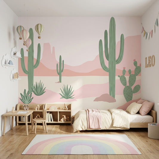 Pastel Kaktüslü Çocuk Odası Poster Duvar Kağıdı Pembe Yeşil