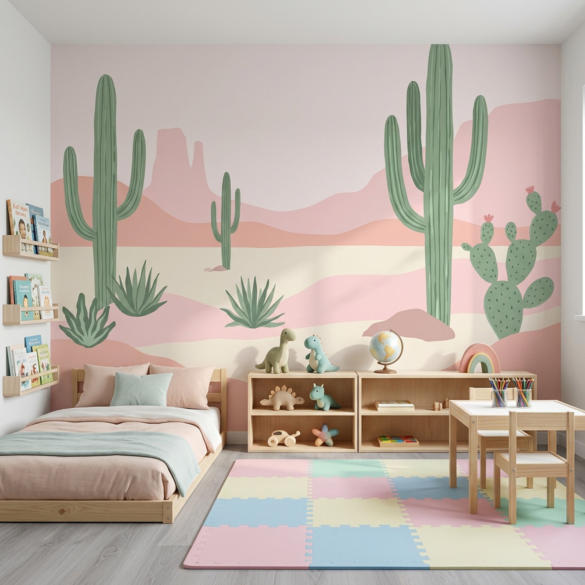 Pastel Kaktüslü Çocuk Odası Poster Duvar Kağıdı Pembe Yeşil