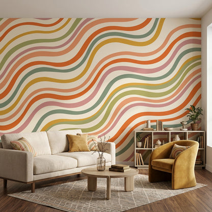 Renkli Dalgalı Çizgili Poster Duvar Kağıdı Retro Salon