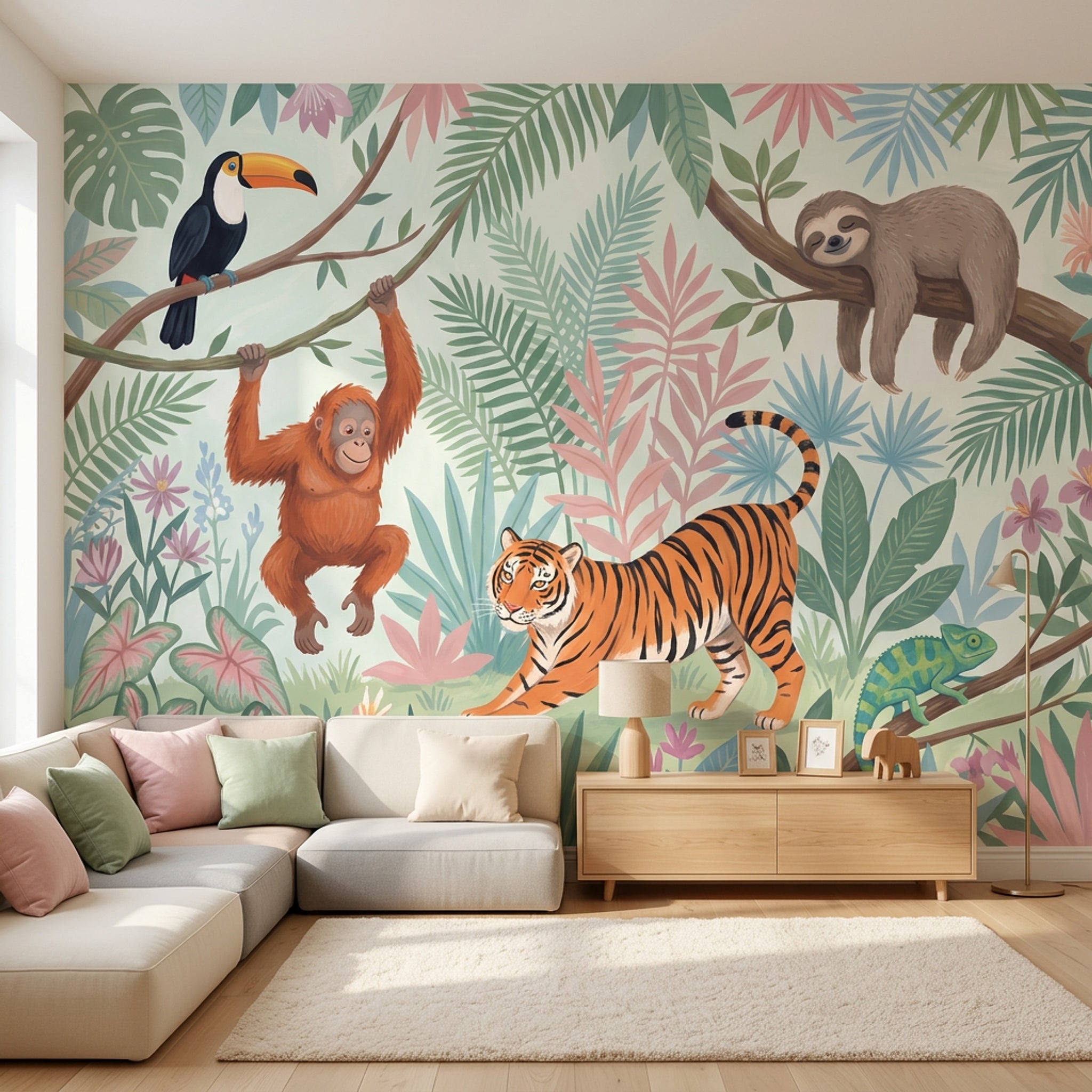 Jungle Hayvanlı Poster Duvar Kağıdı Pastel Çocuk Odası Desenli