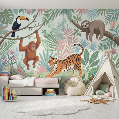 Jungle Hayvanlı Poster Duvar Kağıdı Pastel Çocuk Odası Desenli