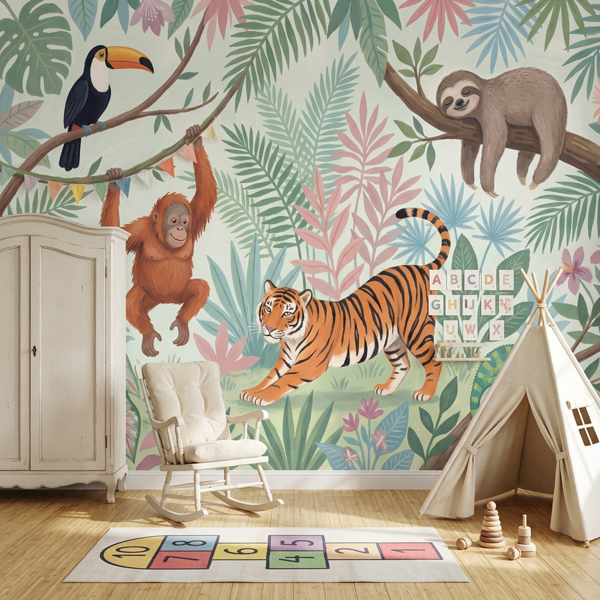 Jungle Hayvanlı Poster Duvar Kağıdı Pastel Çocuk Odası Desenli