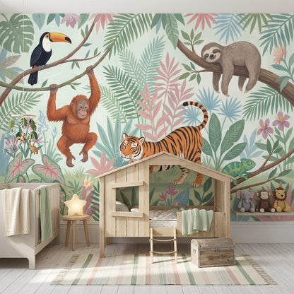 Jungle Hayvanlı Poster Duvar Kağıdı Pastel Çocuk Odası Desenli