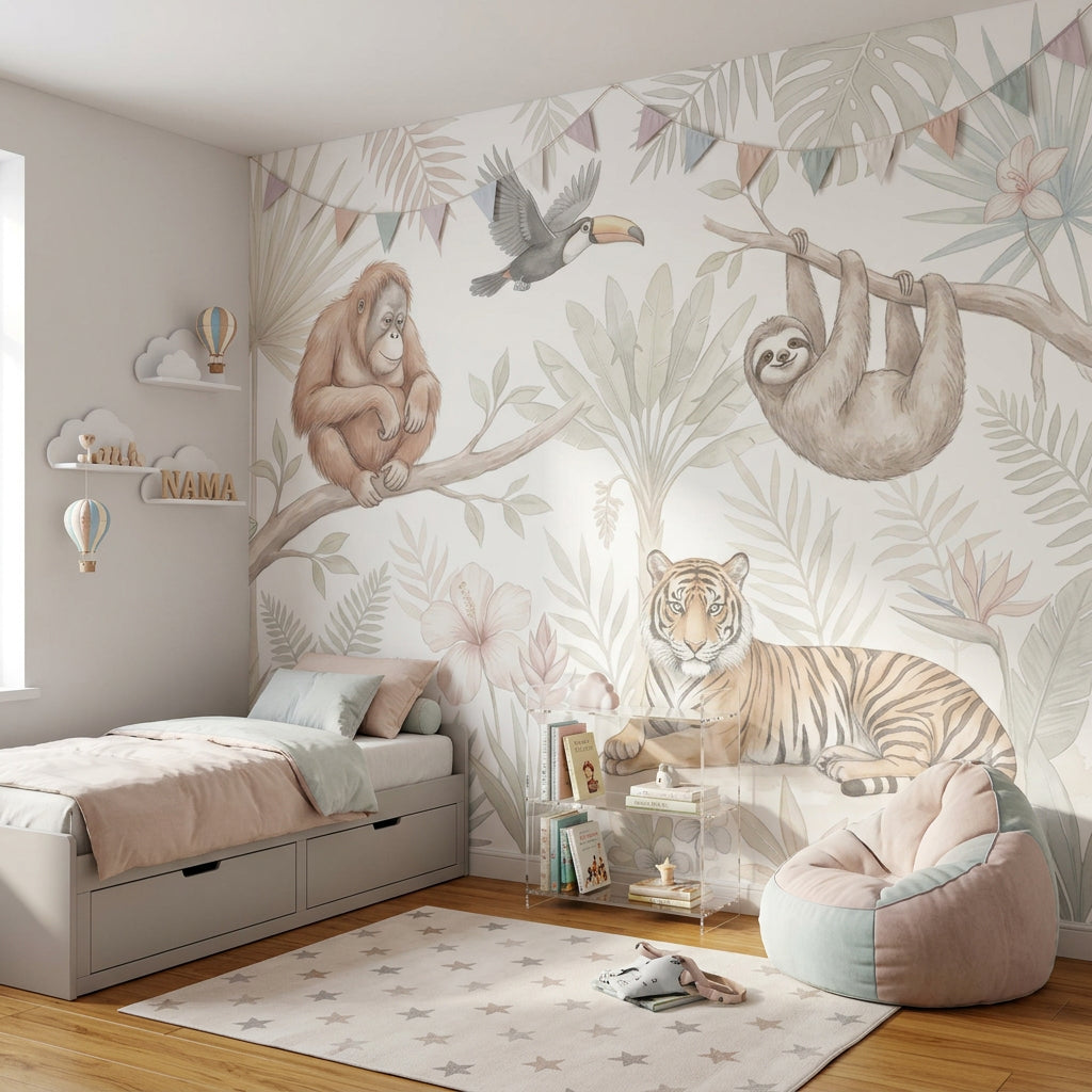 Safari Hayvanlı Poster Duvar Kağıdı Pastel Çocuk Odası Desenli