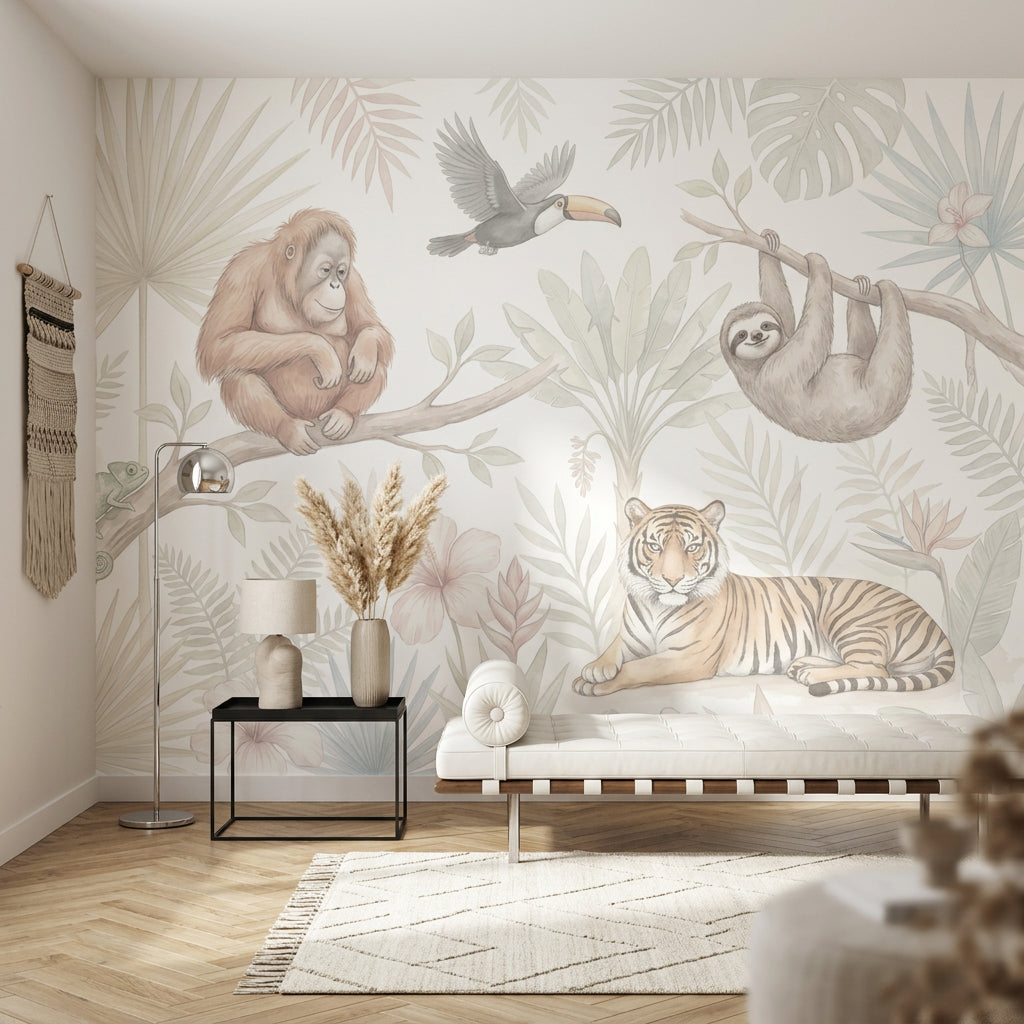 Safari Hayvanlı Poster Duvar Kağıdı Pastel Çocuk Odası Desenli