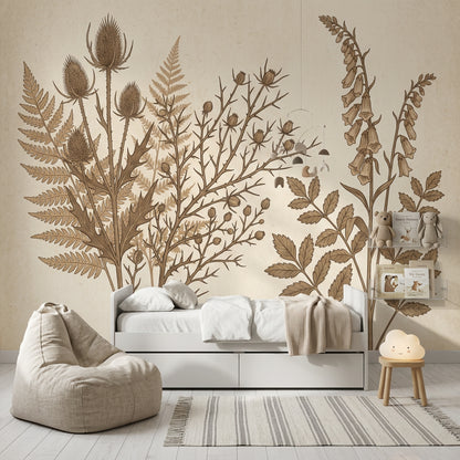 Botanik Bitki Çizimli Poster Duvar Kağıdı Bej Salon Duvarı