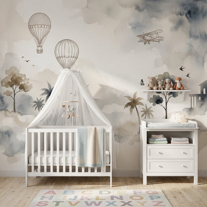 Balon ve Uçaklı Poster Duvar Kağıdı Bej Mavi Çocuk Odası