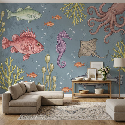 Deniz Canlıları Poster Duvar Kağıdı Mavi Çocuk Odası Desenli