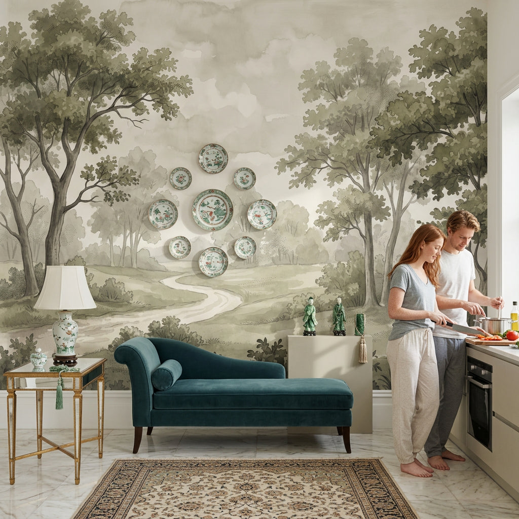 Orman Manzaralı Poster Duvar Kağıdı Yeşil Gri Salon